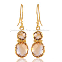 Rare Citrine Quartz Dangle Drop 925 Boucles d'oreilles plaqué or en argent sterling